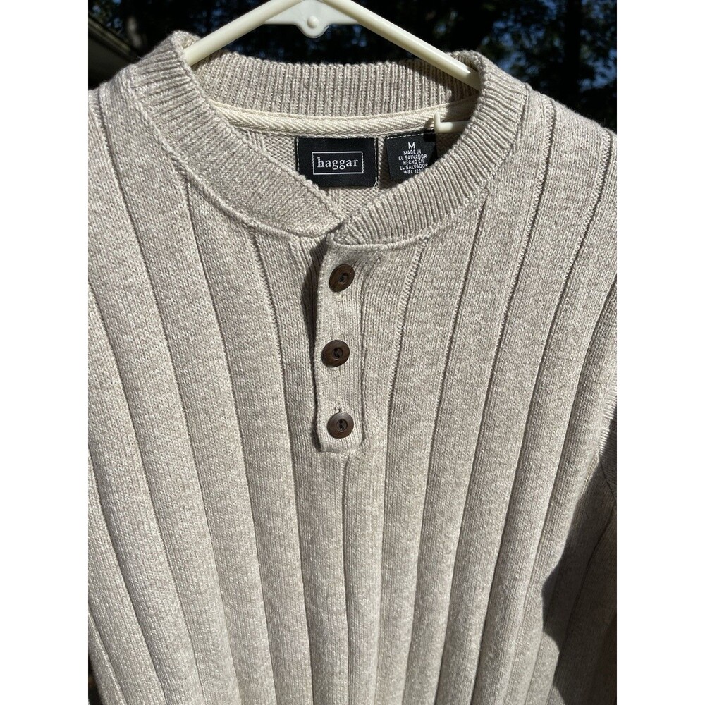 Haggar Sweater Henley Sweater Knit Top Shirt Beige Long Sleeve Men Medium *Read*